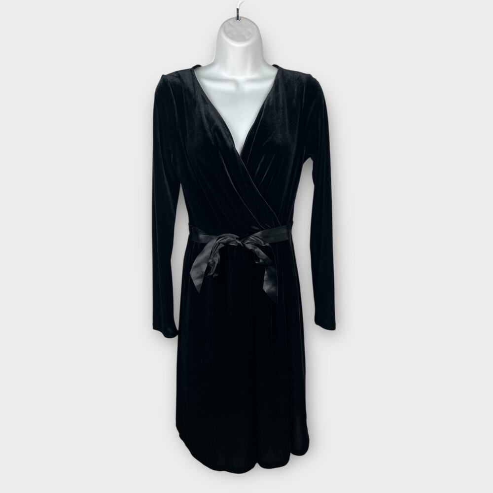 Vintage Anne Klein Black Velvet Faux Wrap Dress Ribbon Belt‎ Modern 0/XS